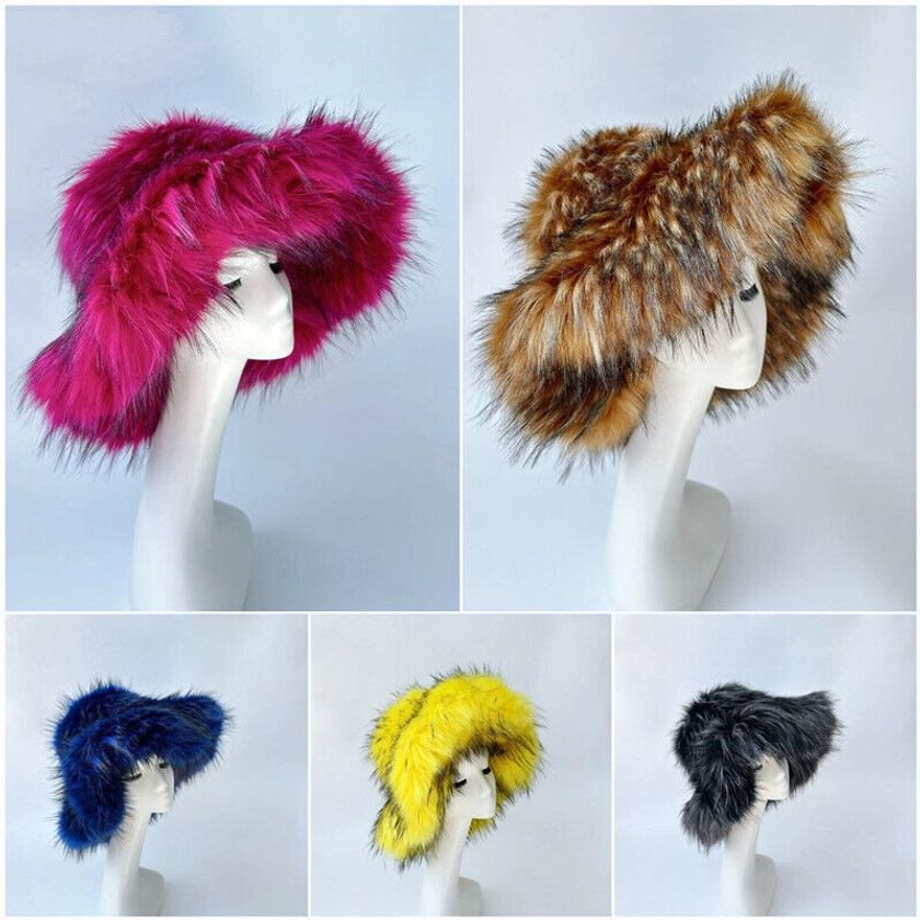 NEW Winter Women Faux Fur Bucket Hat Warm Fluffy Wide Brim Oversized Plush Baggy