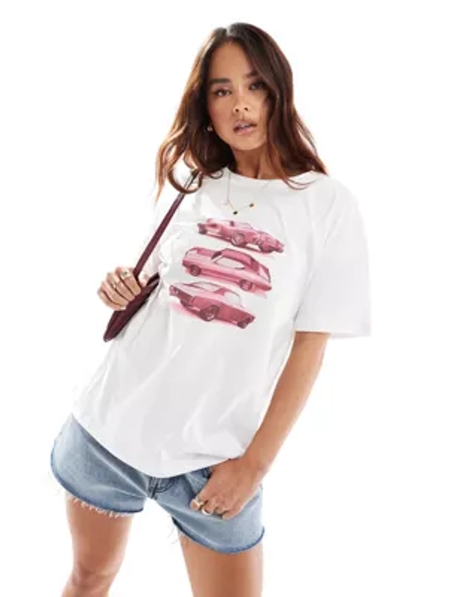 ASOS DESIGN oversized t-shirt with pink car graphic in ivory | ASOS