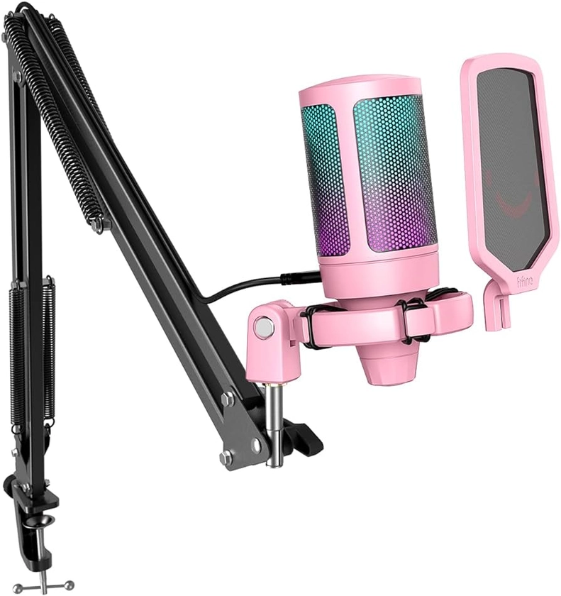 FIFINE Gaming USB Microphone Kit, PC Streaming Recording Computer RGB Microphone Set for Podcasting, Singing, YouTube, Condenser Cardioid Mic with Quick Mute, Gain Knob-A6T Pink