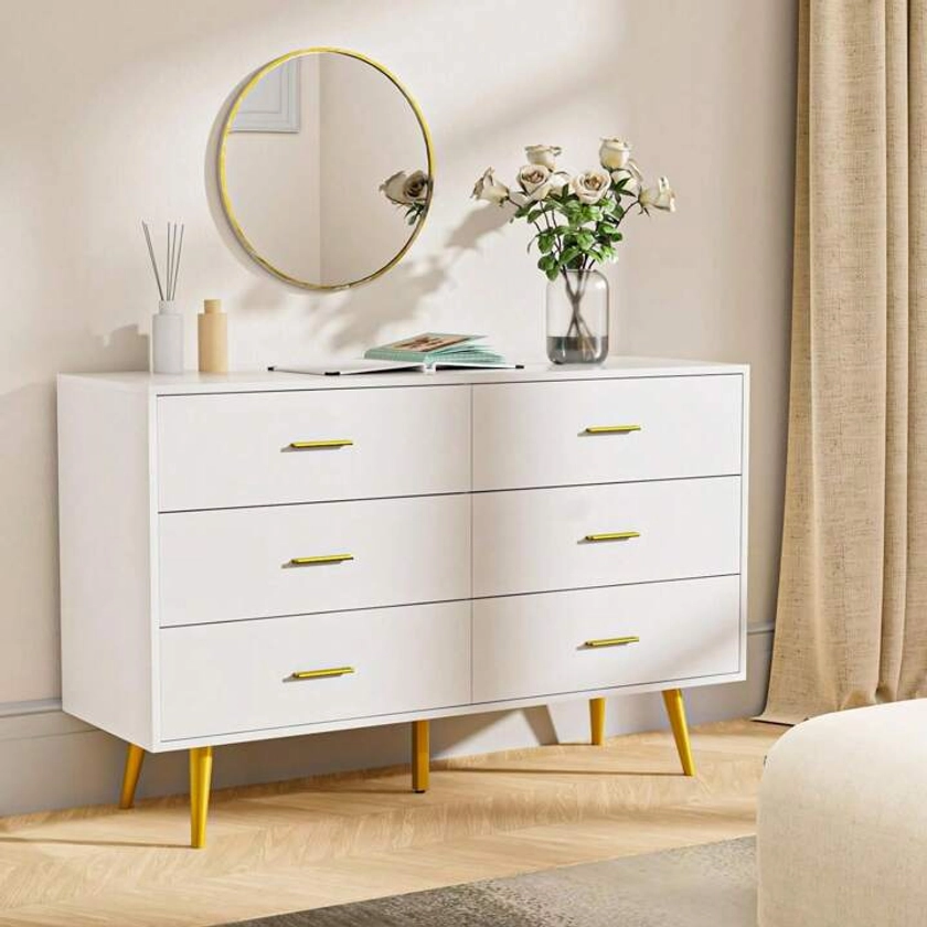 CARPETNAL Dresser For Bedroom With 6 Drawer, Wood White Dressers & Chests Of Drawers With Gold Handles, Modern Storage Drawers For Entryway, Closet, Hallway