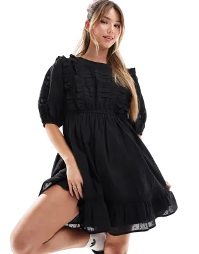 Miss Selfridge - Robe courte en coton avec finitions nervurées - Noir | ASOS