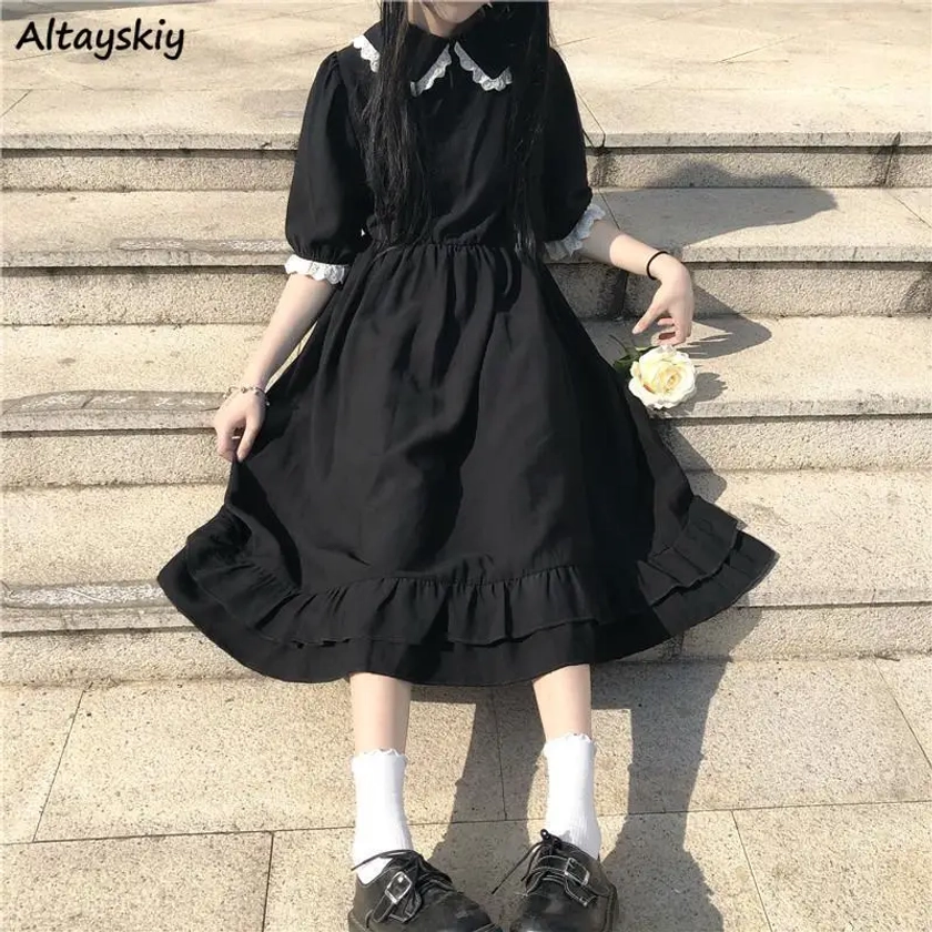 Vestido de encaje para mujer, prenda sencilla de estilo coreano, a la moda, holgada y cómoda, combina con todo - AliExpress