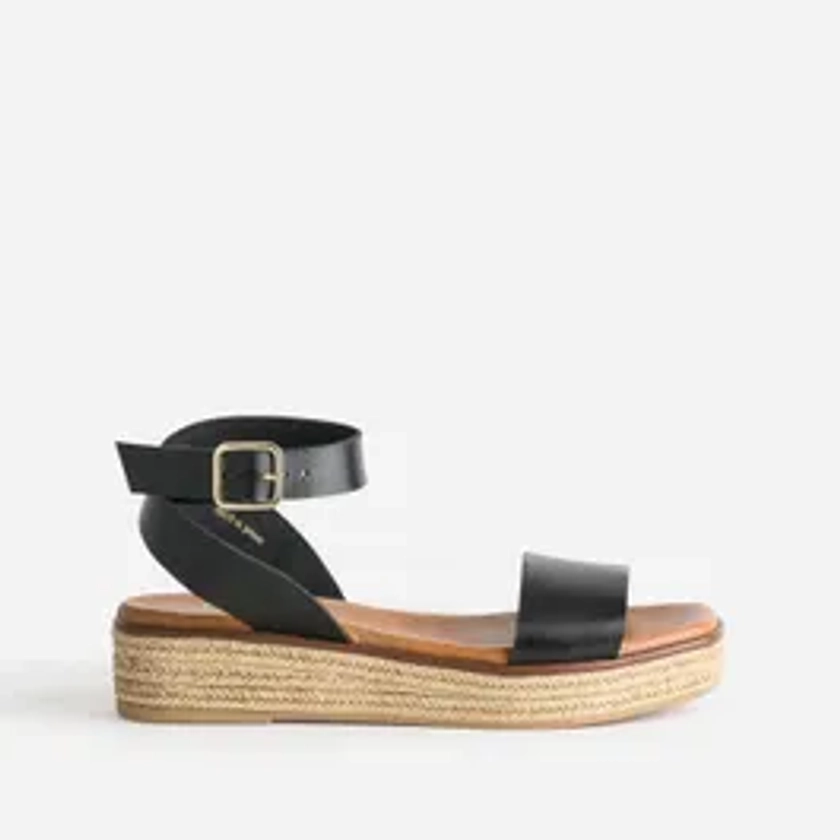 Sandale compensée noire en cuir éco-conçu