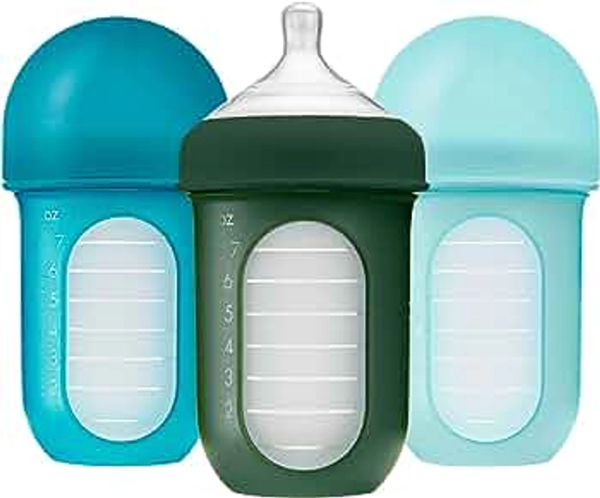 Boon Nursh Reusable Silicone Baby Bottles with Collapsible Silicone Pouch Design - Everyday Baby Essentials - Stage 2 Medium Flow Baby Bottles - Blue - 8 Oz - 3 Count
