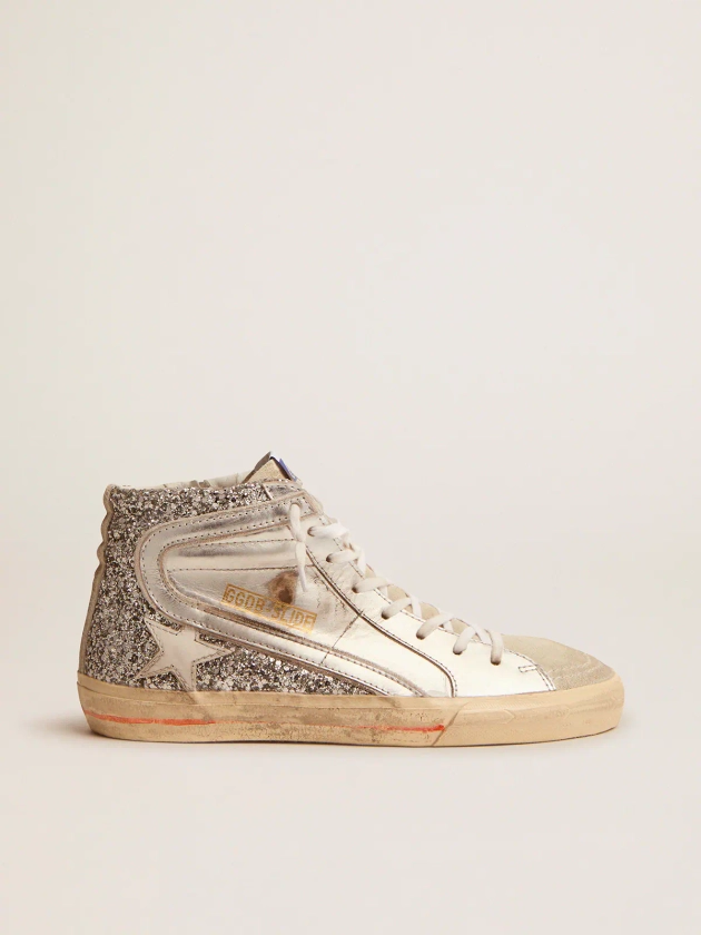 Women's Slide with laminated leather upper and silver glitter | Golden Goose