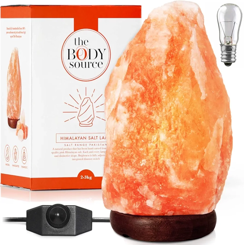 Himalayan Salt Lamp 8-10 inches (7-11Ib), includes Lamp Dimmer Switch and Night Light - All Natural Salt Lamp with Handcrafted Wooden Base and Salt Lamp Light Bulb Replacement