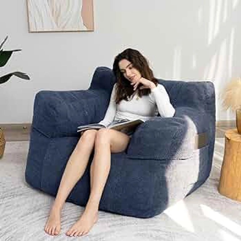 HIGOGOGO Giant Bean Bag Chair for Adults, Big Comfy Chair with Pocket Armrests, Lazy Sofa High-Density Foam Filled, Stuffed Bean Bag Couch Chair for Living Room, Bedroom