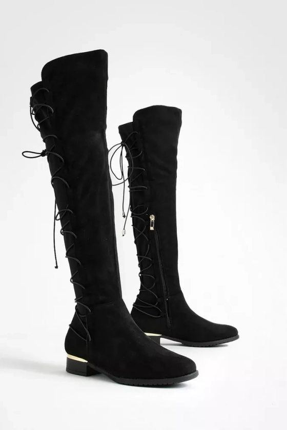 Boohoo BUNGEE LACE BACK KNEE HIGH BOOTS