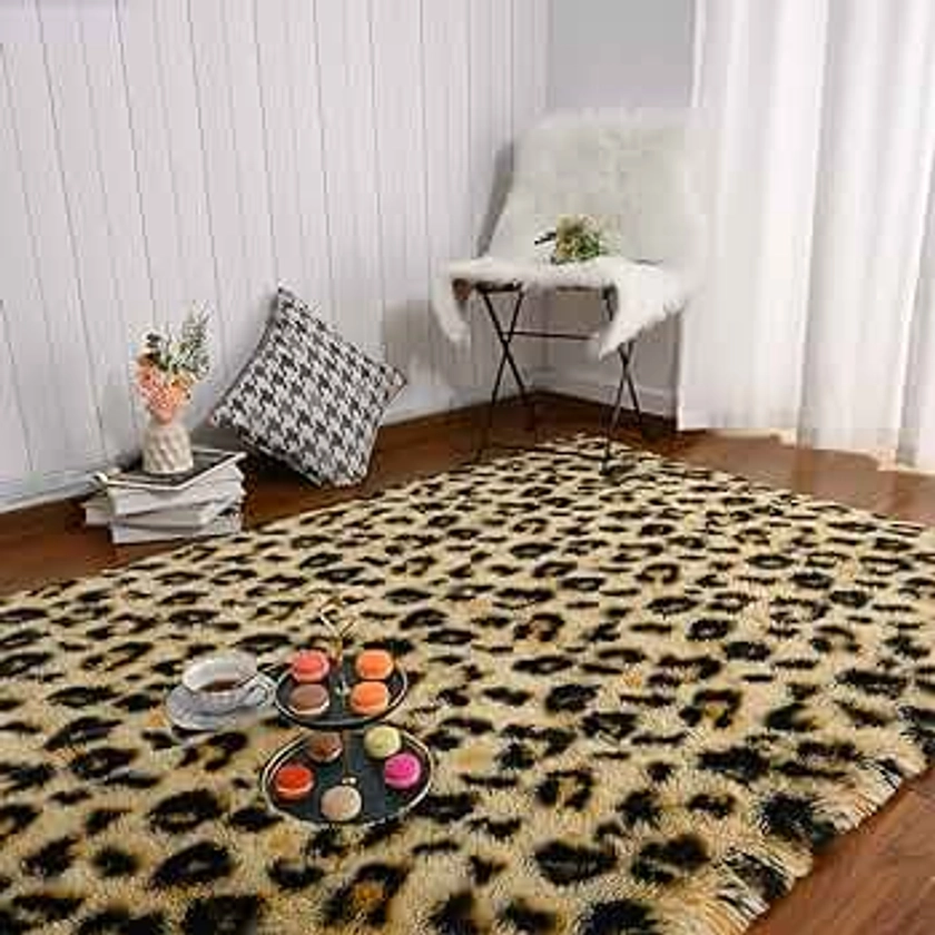 Amearea Fluffy Leopard Rug, Premium Cheetah Print Rugs, Soft Comfy Faux Fur Animal Carpet for Kids Room Bedroom, Living, Shaggy Teen Room Home Decor, Khaki 4x6 Feet