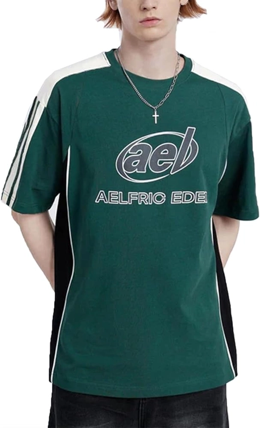 Aelfric Eden Oversized Graphic Tees Men Contrast Color Speedway Racing Tee Unisex Streetwear Tshirt Patchwork Polo Tee