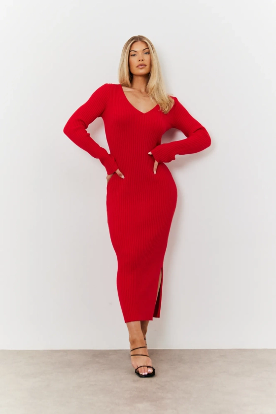 V Neck Rib Maxi Long Sleeve Dress