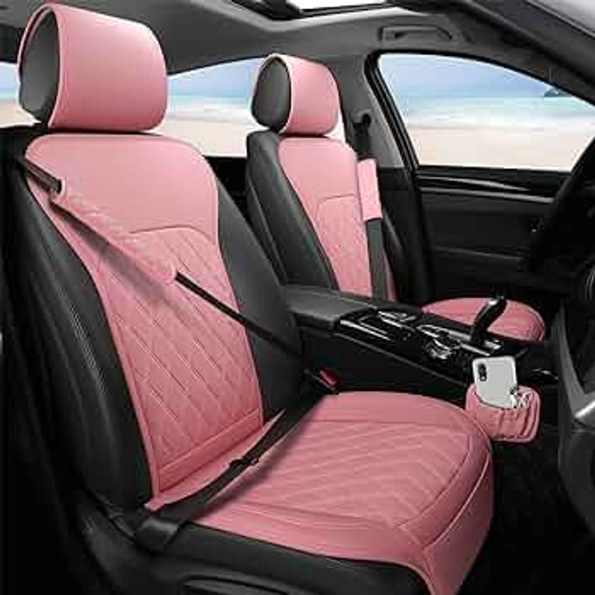 Sanwom Front Car Seat Covers - Leather Seat Covers with Storage Pocket and Two Belt Pads, Anti-Slip Waterproof Universal Seat Covers for Cars Fit Cars Trucks SUV(Pink,2 Pack)