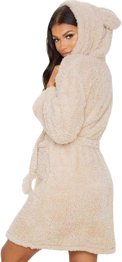 Minasan Women’s Bathrobe short with hood - fluffy sauna dressing gown dressing gown nightwear fleece dressing gown ear with hood.