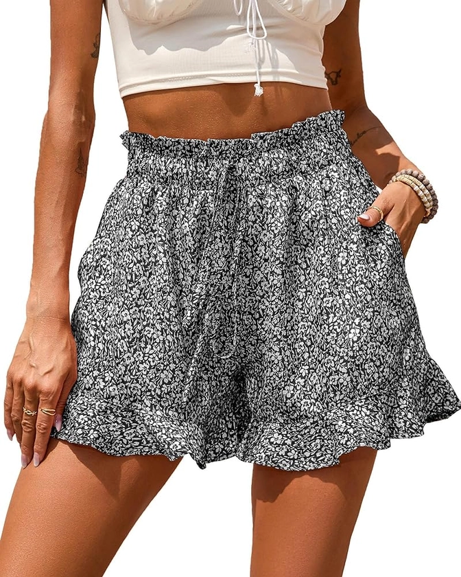 BTFBM Women's Summer Shorts 2024 Floral Elastic High Waisted Belted Casual Beach Ruffle Short Lounge Pants with Pockets