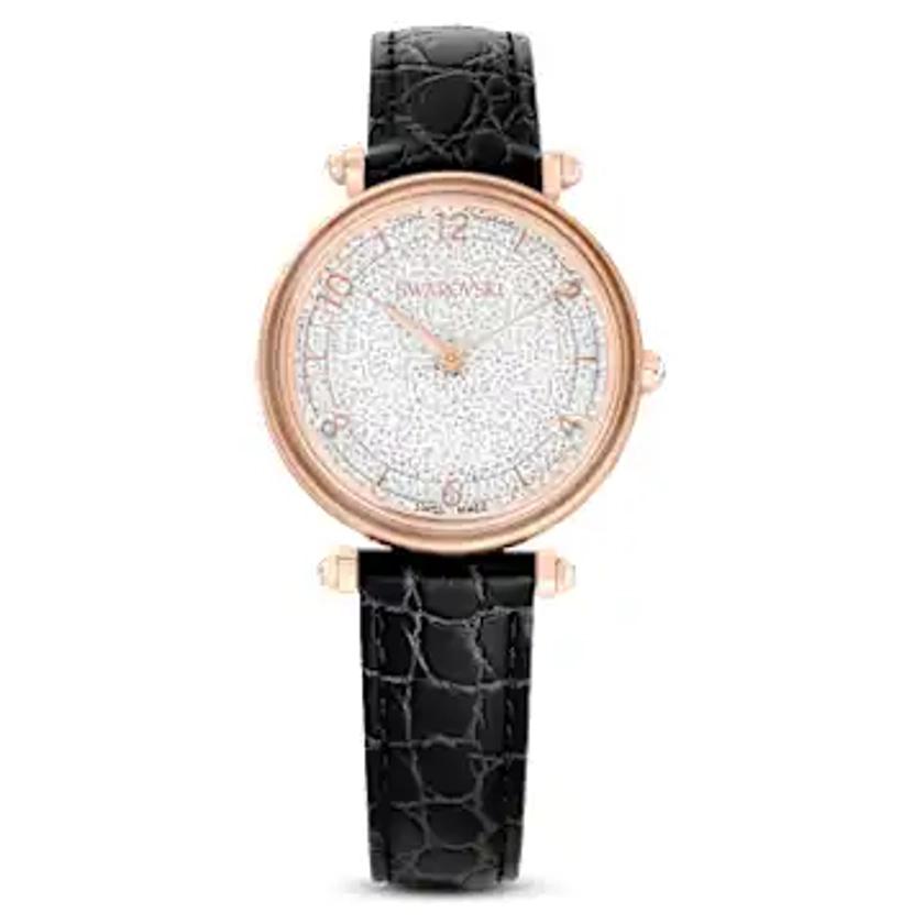 Crystalline Wonder watch, Swiss Made, Leather strap, Black, Rose gold-tone finish by SWAROVSKI