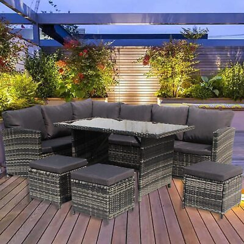 SFS019 Rattan Garden Furniture 9 Seater Corner Sofa Dining Table Outdoor Set | eBay