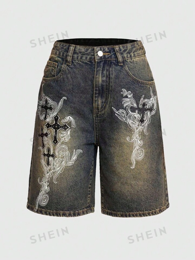 ROMWE Grunge Punk Women's Fashionable Printed Casual Denim Shorts