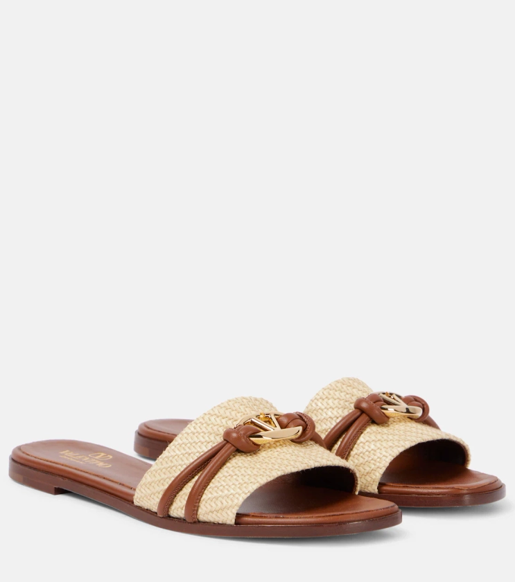 VLogo raffia-trimmed leather slides in brown - Valentino Garavani | Mytheresa