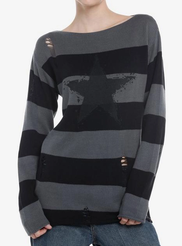 Black & Grey Stripe Star Distressed Girls Sweater | Hot Topic