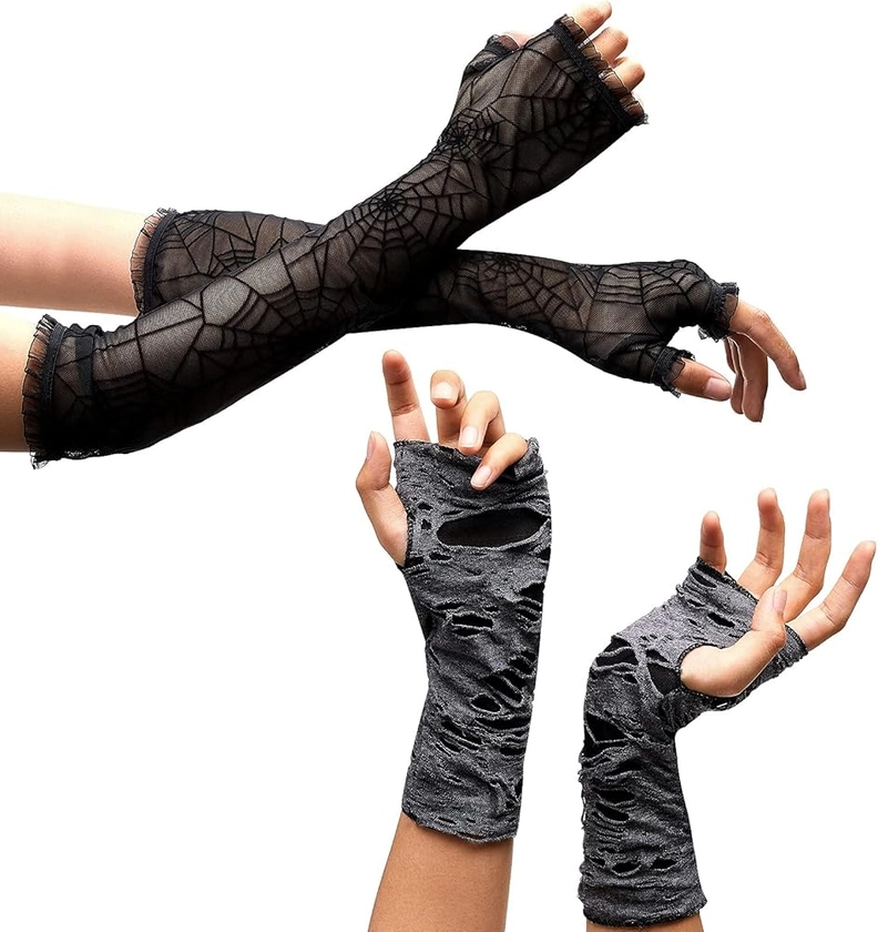 Zhanmai 2 Pairs Women's Punk Fingerless Glove Spider Web Glove Lace Goth Grunge Glove Halloween Cosplay Ripped Glove for Halloween Costume Party