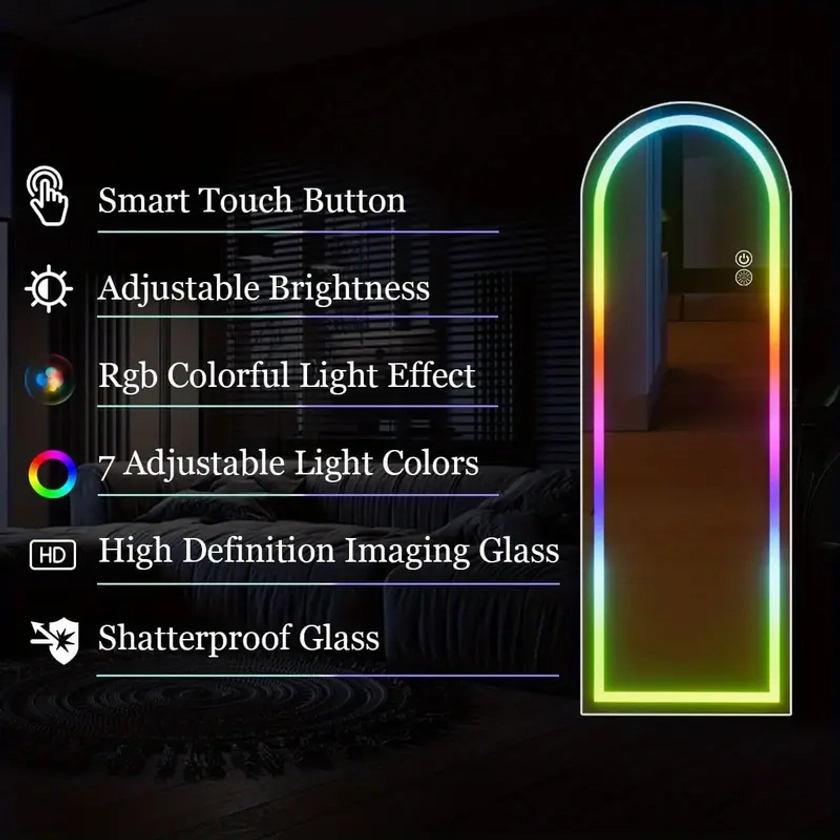 RGB Arched Full Length Mirror, Full Body Mirror With LED Lights, Dimming & 7 Color Changing Lighting, Wall Mounted Hanging Mirror With Stand Free Stan