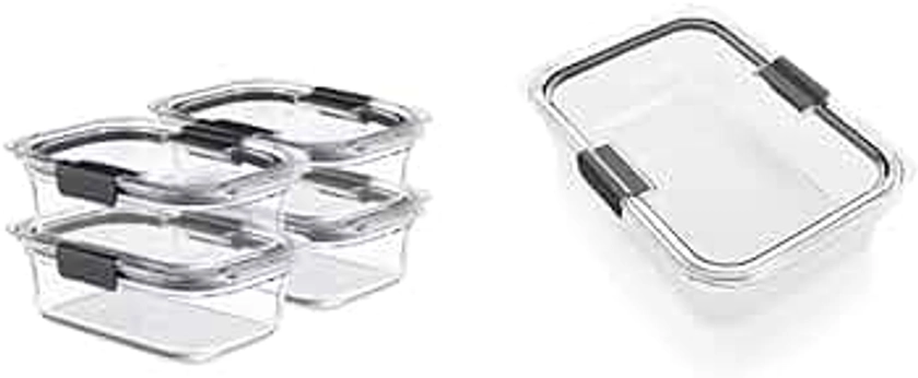 Rubbermaid Brilliance Glass Storage 3.2-Cup Food Containers with Lids, BPA Free and Leak Proof, Medium, Clear, Pack of 4 & Brilliance Food Storage Container, Large, 9.6 Cup, Clear 2024351