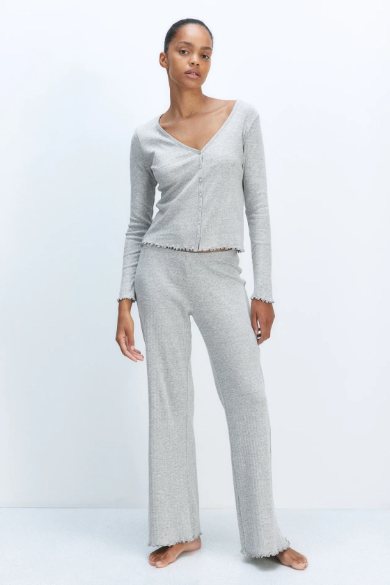 Pointelle jersey pyjamas - V-neck - Long sleeve - Light grey marl - Ladies | H&M GB