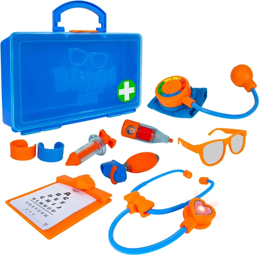 Blippi Doctor Playset - Stethoscope, Glasses, Blood Pressure Arm Band, Toy Syringe, Thermometer, Doctor’s Bag, Bandages, Reflex Hammer Shoe, and Clipboard with 5 Activity Sheets - Amazon Exclusive