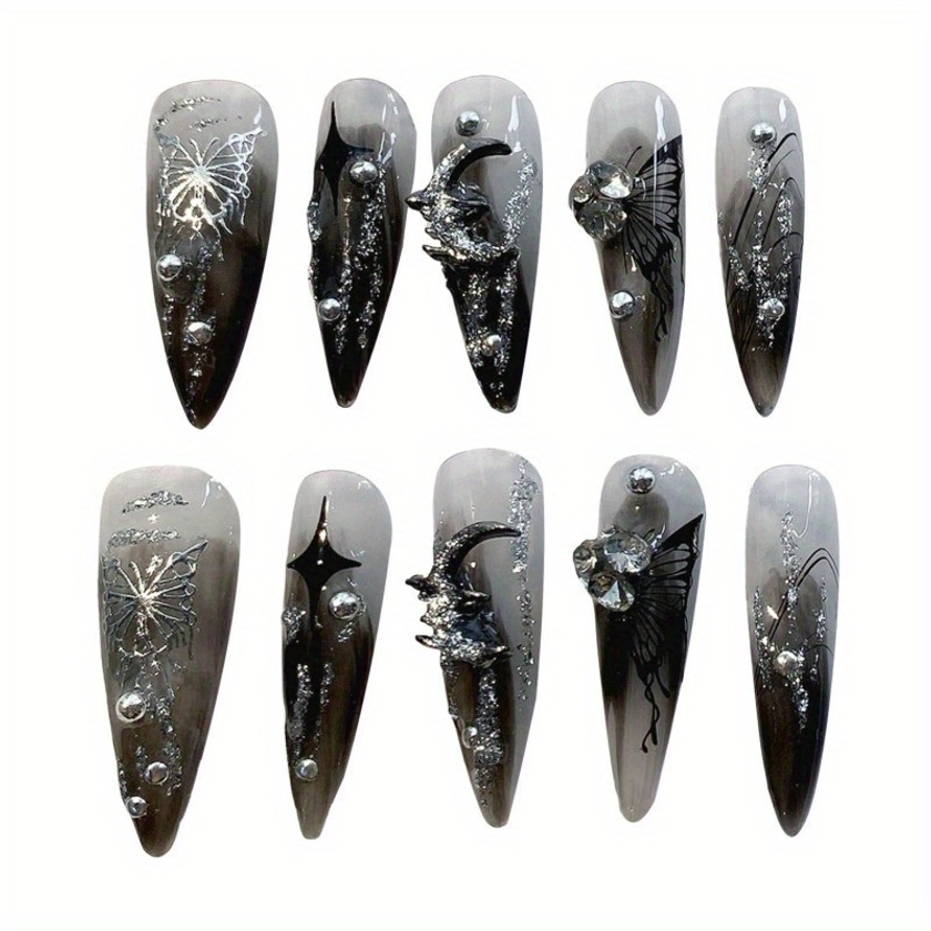 10pcs of Gothic Dark Punk Metal Liquid Butterfly fake nails, Punk style fake nails, Sparkly decorative natural fake nails, full covered fake nails with jelly glue and nail file, DIY nail art for girls