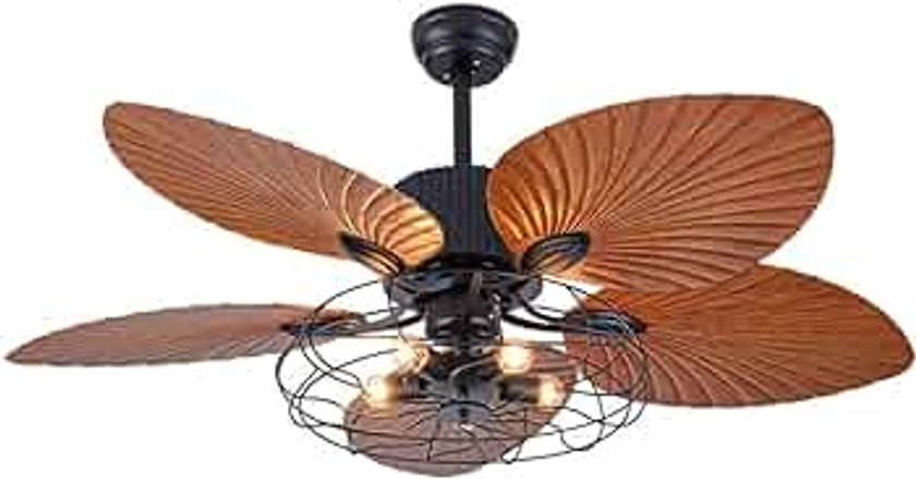 Eapmic Tropical Ceiling Fan Outdoor Downrod Ceiling Fan with Sunset Bowl Light, Five Hand Carved Wooden Leaf Blades for Dining Bed Room Patio Porch (52Inch, 5 Light)