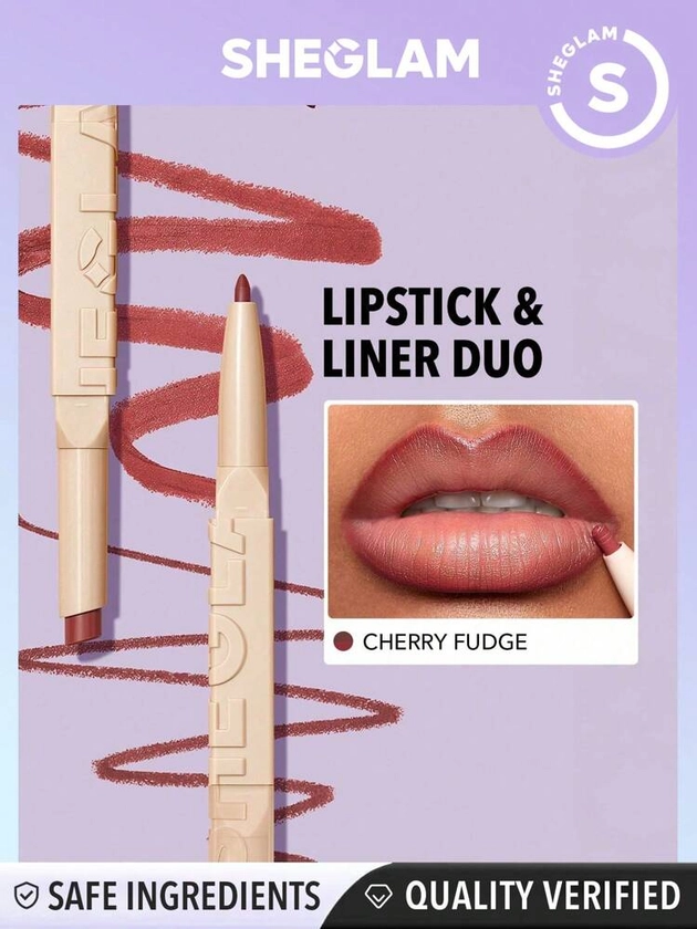 SHEGLAM Glam 101 Lipstick & Liner Duo - Cherry Fudge 2-In-1 Matte Dual-Ended Lip Liner Lipstick Pencil Highly Pigmented Long Lasting Smooth Easy To Wear Lip Makeup Black Friday Winter Pink Brown Rosa Lip Liner