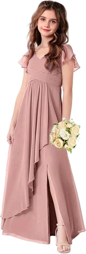 Amazon.com: Chiffon Junior Bridesmaid Dresses for Girls Ruffle Sleeve Formal Party Wedding Guest V Neck Flower Girl Dress Dusty Rose-14: Clothing, Shoes & Jewelry