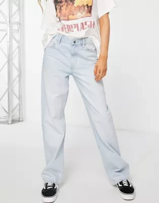 Bershka high waisted dad jean in bleached blue wash | ASOS