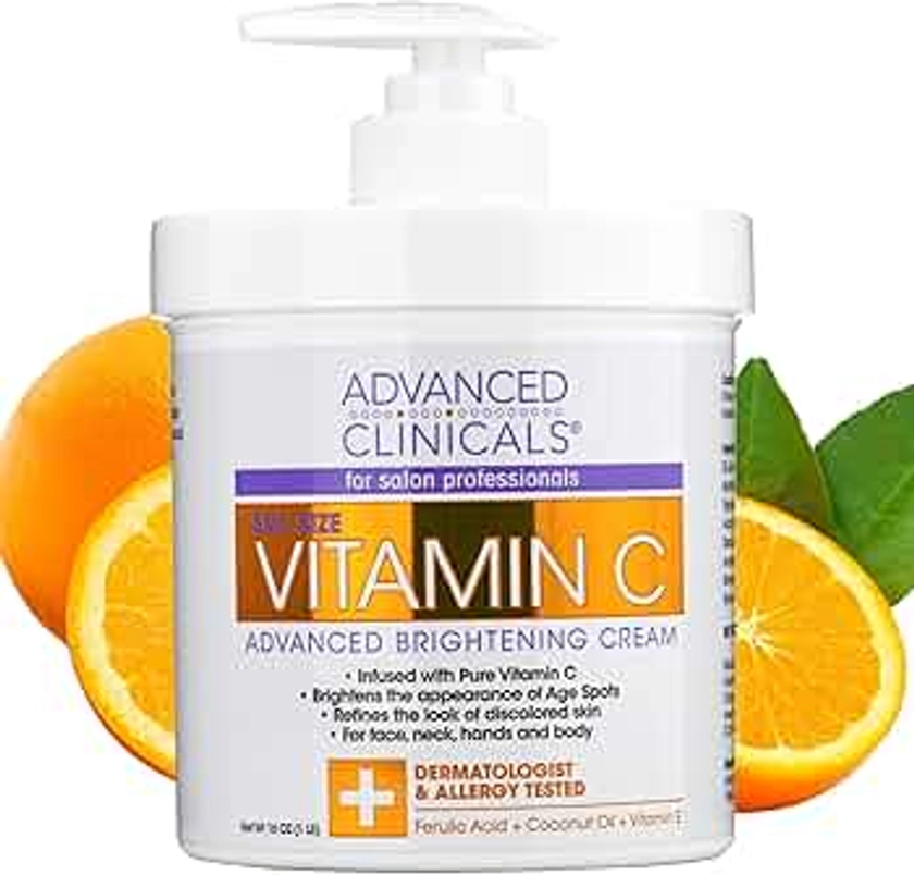 Advanced Clinicals Vitamin C Cream Face & Body Lotion Moisturizer | Anti Aging Skin Care Firming & Brightening Cream For Body, Face, Uneven Skin Tone, Wrinkles, & Sun Damaged Dry Skin, 16 Oz