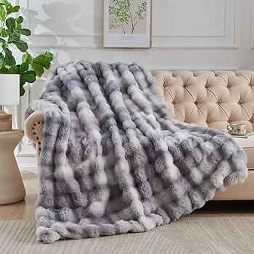Lotus Karen Faux Fur Throw Blanket Tie-Dye Grey - Big Bubble Rabbit Fluff Blanket for Couch Bed Sofa,Softest Fluffy Fuzzy Cozy Blanket,Thick Furry Plush Shaggy Warm Blankets for Women,60x80 Inches