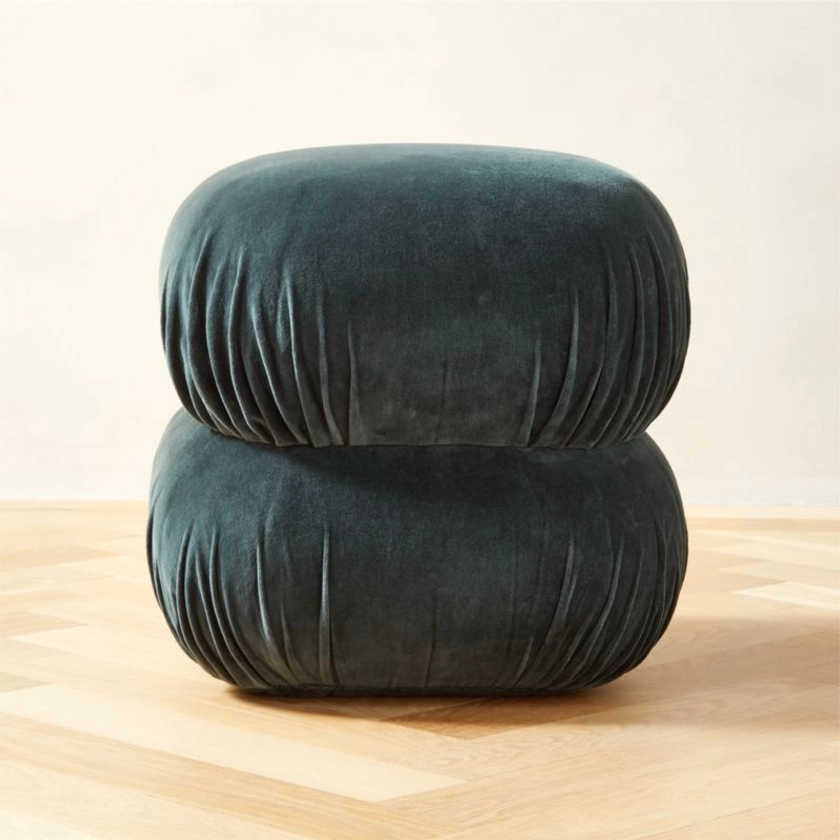 Ruched Dark Teal Velvet Pouf + Reviews | CB2