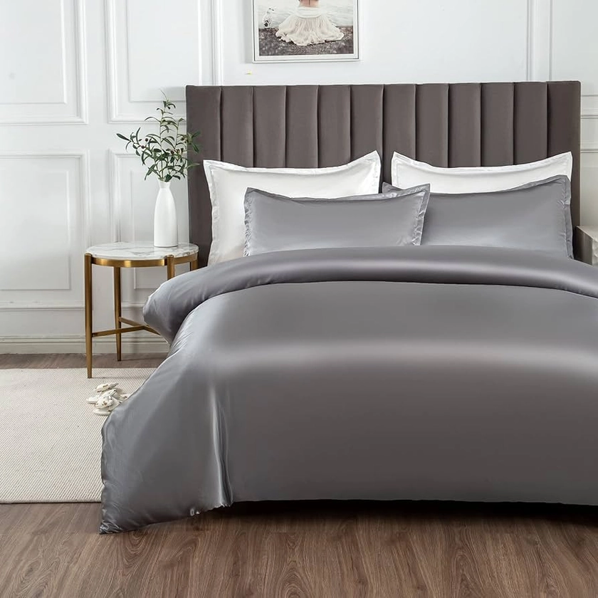 Morbuy Silk Satin Double Duvet Cover with 2 Pillowcases, Grey Bedding Set Easy Care Duvet Cover Set with Zipper Closure - Luxury Ultra Soft Quilt Cover 3 Piece - 200x200cm