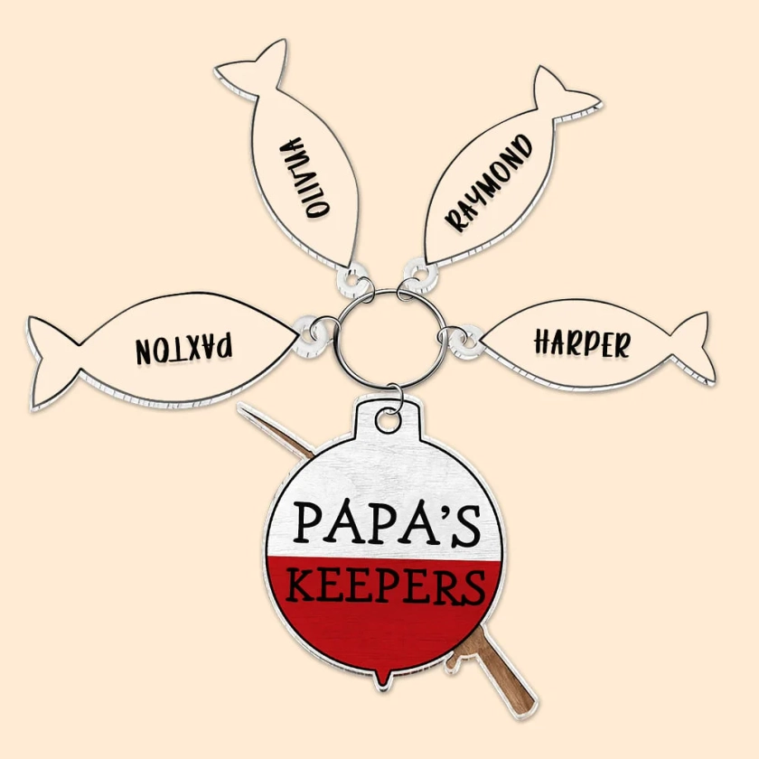 Personalised Papa's Keeper Fishing Rod Acrylic Keychain with 1-4 Fishes and Names Birthday Father's Day Gift for Dad Grandpa Fishing Lovers - CALLIE