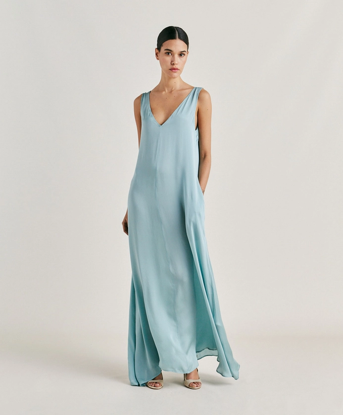 HELENA DRESS IN PLAIN SILK - CERULEAN