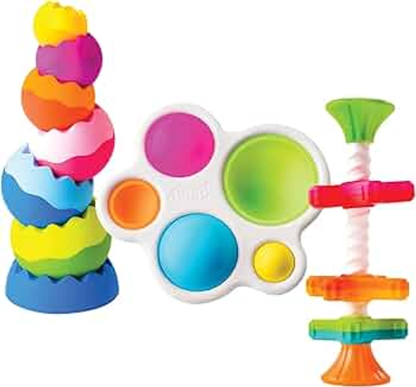 Fat Brain Toys Tobbles, Mini Spinny, Dimpl Bundle - 9-Piece Stacking Toys, Spinning Toy, Popper Toy Combo, Baby Toys Activity Set