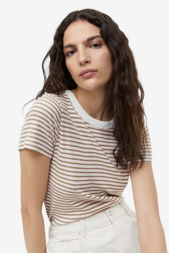 Ribbed modal-blend T-shirt - White/Beige striped - Ladies | H&M GB