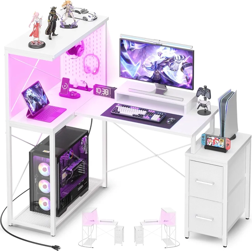 L Shaped Gaming Desk with 2 Fabric Drawers - Reversible Computer Desk with Power Outlet & LED Lights, 48" Corner Desk with Monitor Stand & Storage Shelves, Office Study Table with Pegboard, White