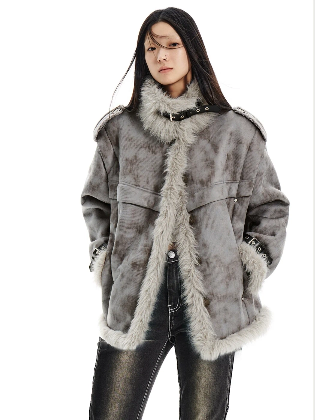 Stand-Collar Fur Stitch Loose Work Jacket