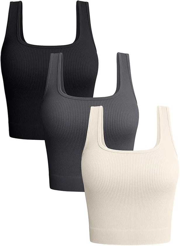 OQQ Women's 3 Piece Tank Tops Ribbed Seamless Workout Exercise Shirts Yoga Crop Tops