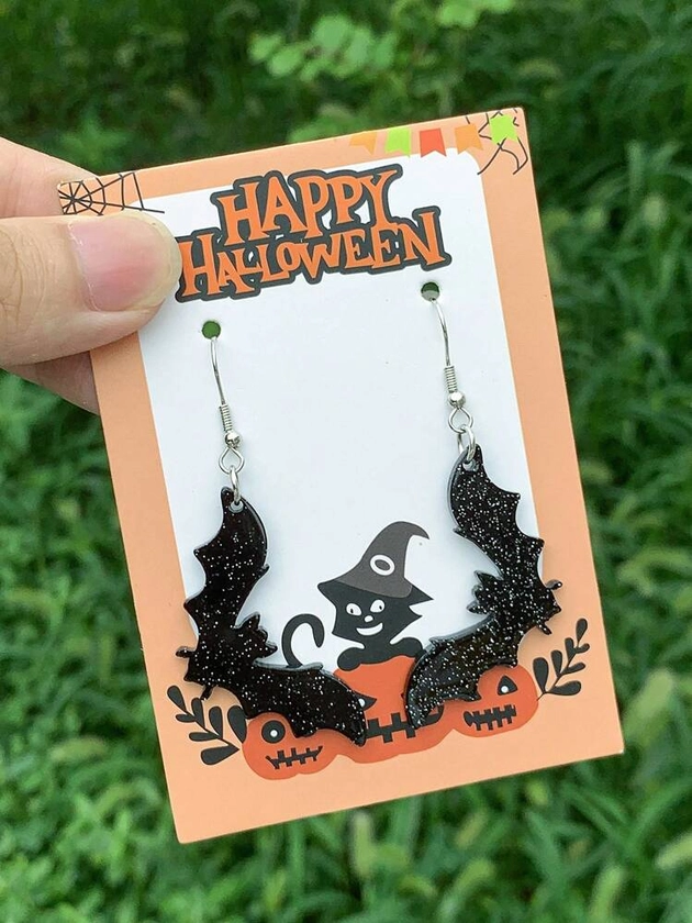 1 par de pendientes con forma de murciélago de acrílico con brillo, pendientes exagerados de murciélago como regalo para fiesta de Halloween y uso diario