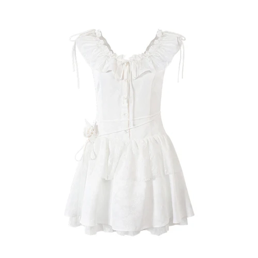 White Flutter Sleeves Embossed Dress