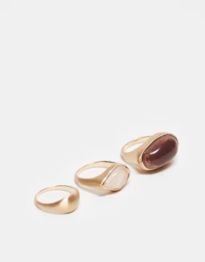 ASOS DESIGN Curve pack of 3 rings with semi precious style stone set in brushed gold tone | ASOS