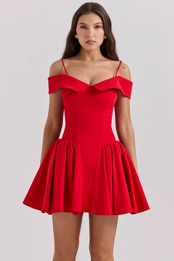 Clothing : Mini Dresses : 'Elida' Scarlet Off Shoulder Mini Dress