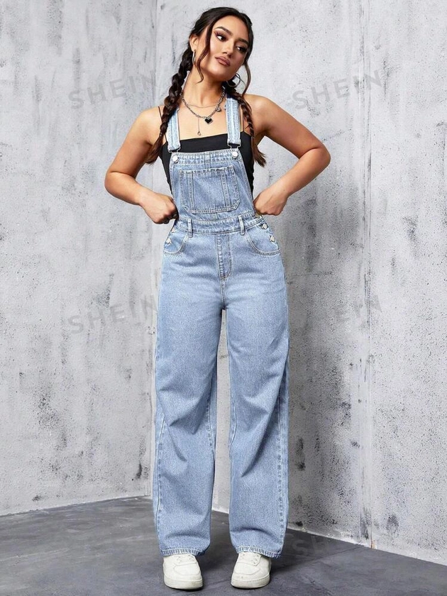 SHEIN EZwear Patched Pocket Denim Overalls Without Cami Top