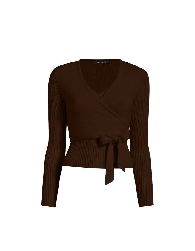 Ada Long Sleeve Wrap Sweater Chocolate Brown Designer Tops